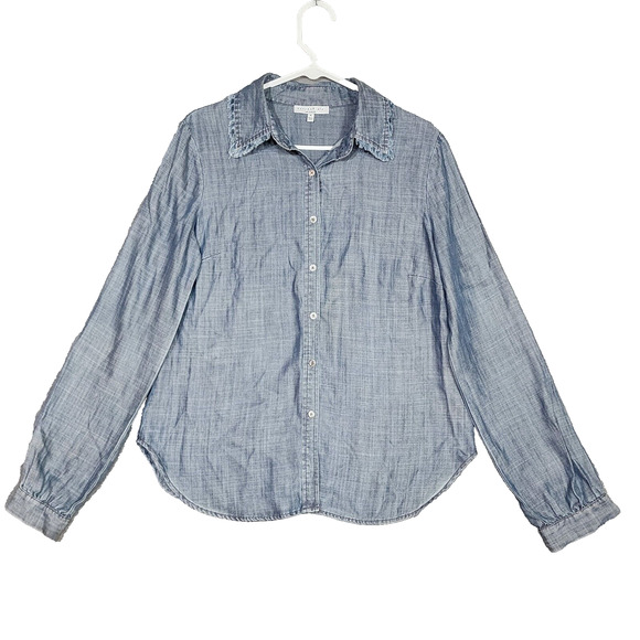 Anthropologie Current Air Chambray Shirt Fray Detail Seams Button Up Blue Medium - Picture 1 of 7